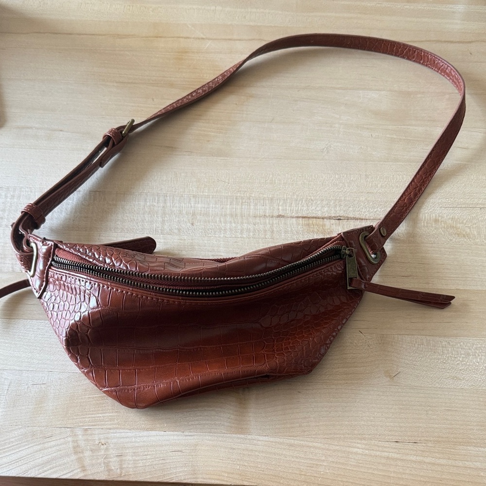 Brown Crocodile-Embossed Belt Bag